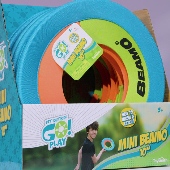 Video of mini Beamo frisbees being displayed and used.